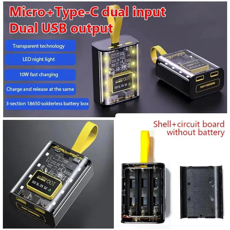 3x18650 Battery Case Power Bank With Dual USB Output Night Light DIY Transparent Shell For iPhone Xiaomi