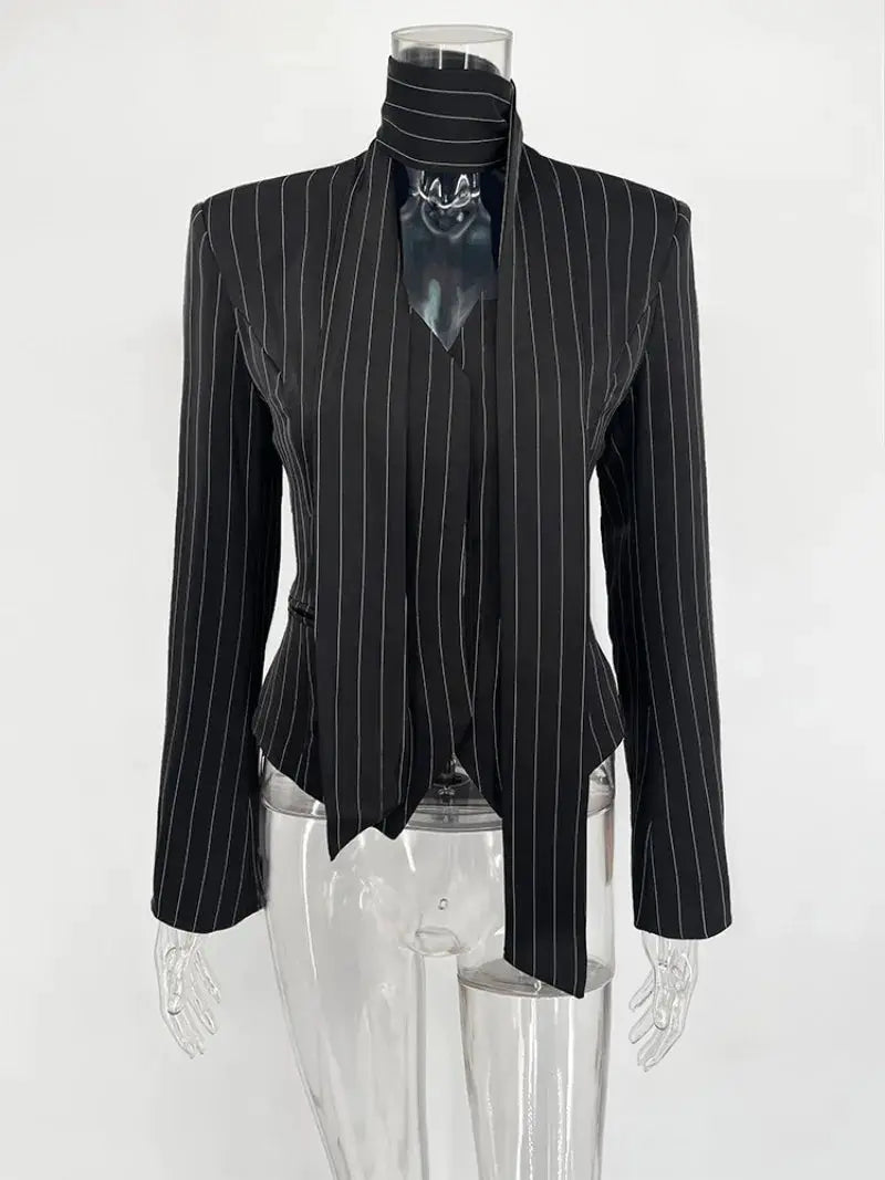 Trendix Elegant Blazer by Simples Market, black pinstripe women's jacket with scarf detail