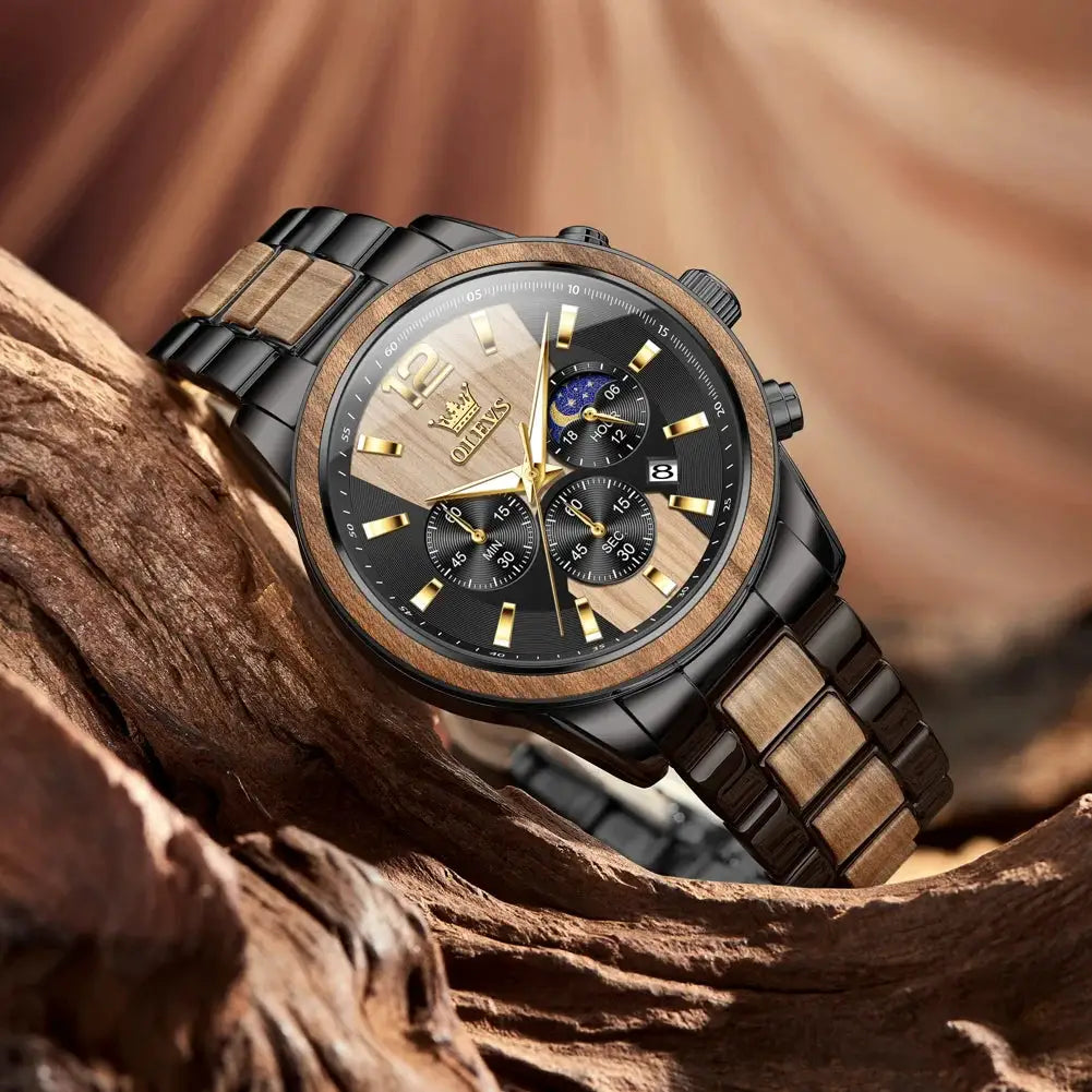 OLEVS men's wooden chronograph wristwatch with black dial, gold indices, wood bezel, two-tone bracelet.