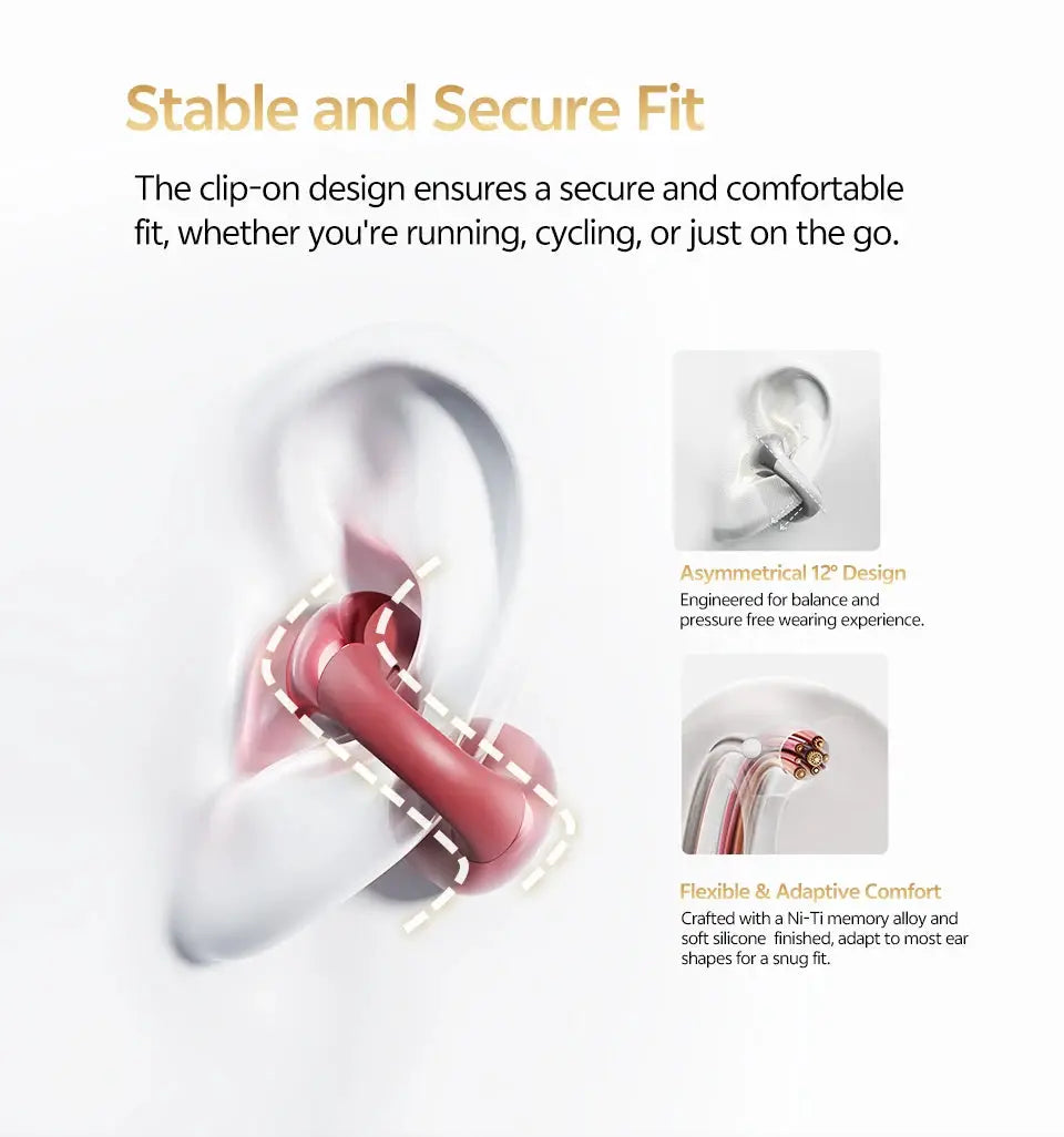 QCY Crossky C30S open-ear wireless earphones, pink clip-on design with secure fit.