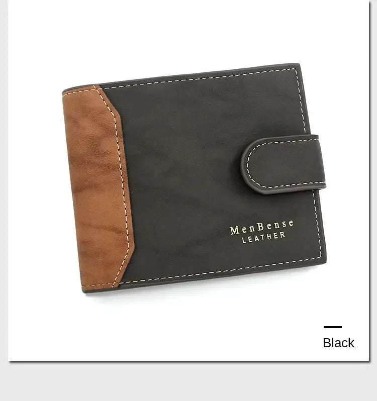 Men's PU leather wallet with brown accent panel and strap closure, black with gold MenBense Leather branding