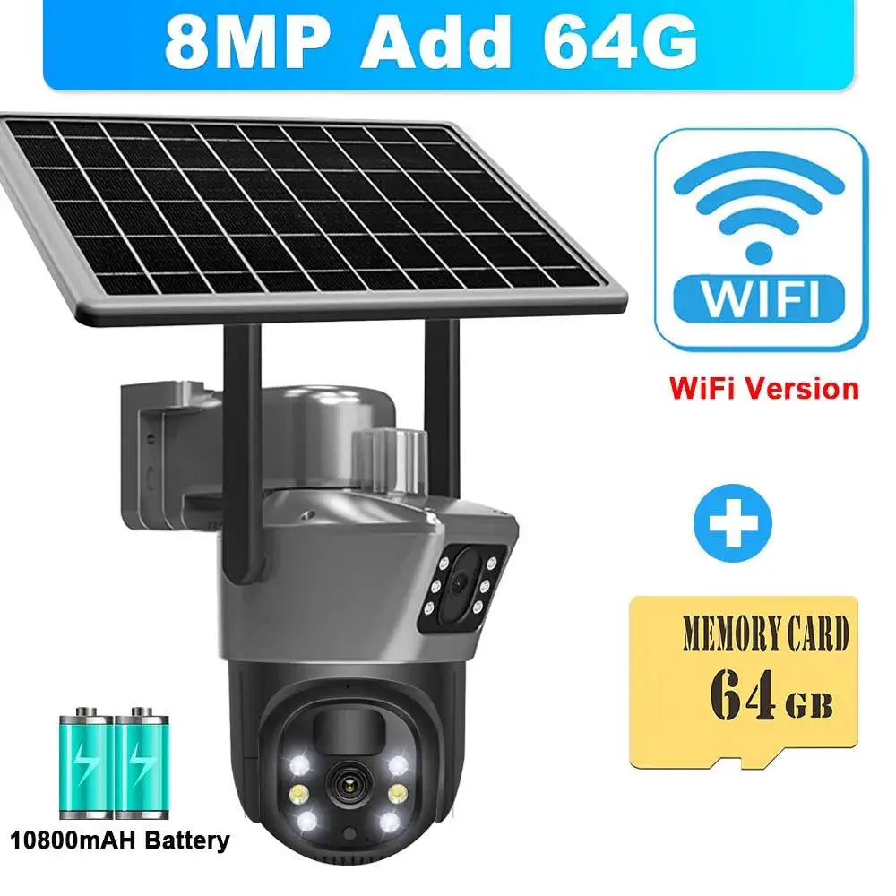 8MP 4K WiFi solar CCTV camera by Simples Market with solar panel, outdoor PTZ IP cam, 64GB memory card