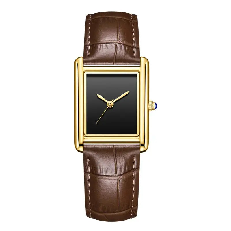 Rectangular gold-tone wristwatch with black dial and brown leather strap