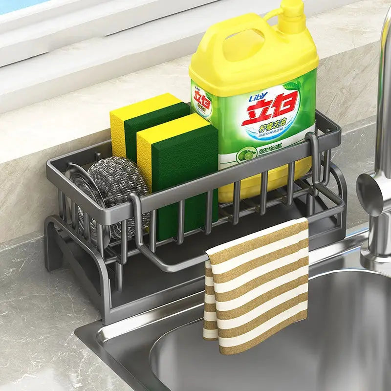 Kitchen sink drain rack with sponge organizer and towel bar, gray; Liby detergent bottle on top