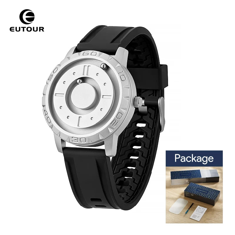 EUTOUR men's watch with black strap and silver bezel