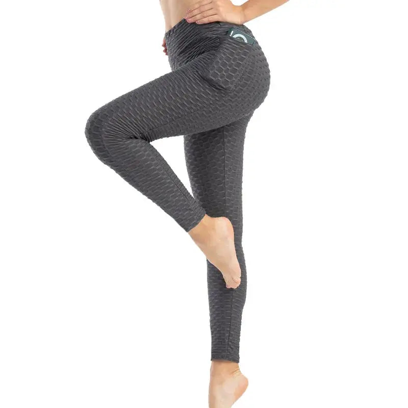 Women’s Simples Market pocket bubble leggings, high-waisted dark gray textured stretchy gym pants