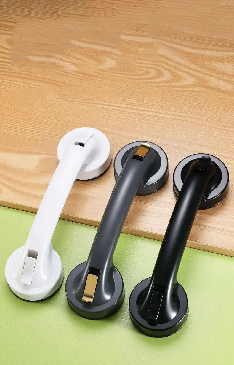 Shower suction grab bar handles set of 3 in white, gray, and black with gold accents