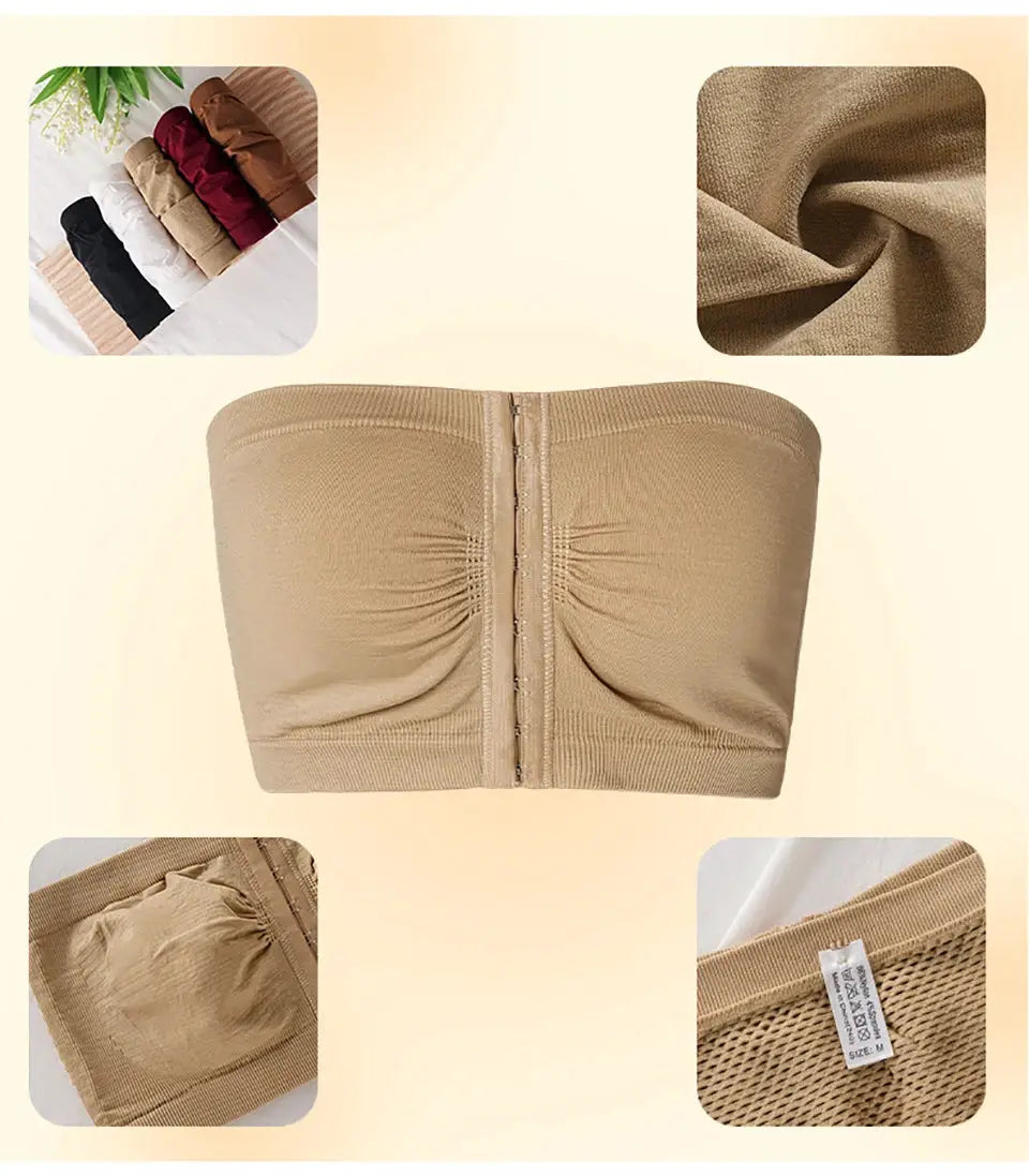 Simples Market women's plus-size strapless front-closure bandeau bra, seamless wireless, beige
