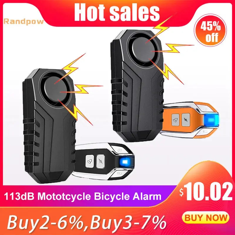 Randpow two black wireless alarm remotes for motorcycle and bicycle, 113dB anti-theft alarm