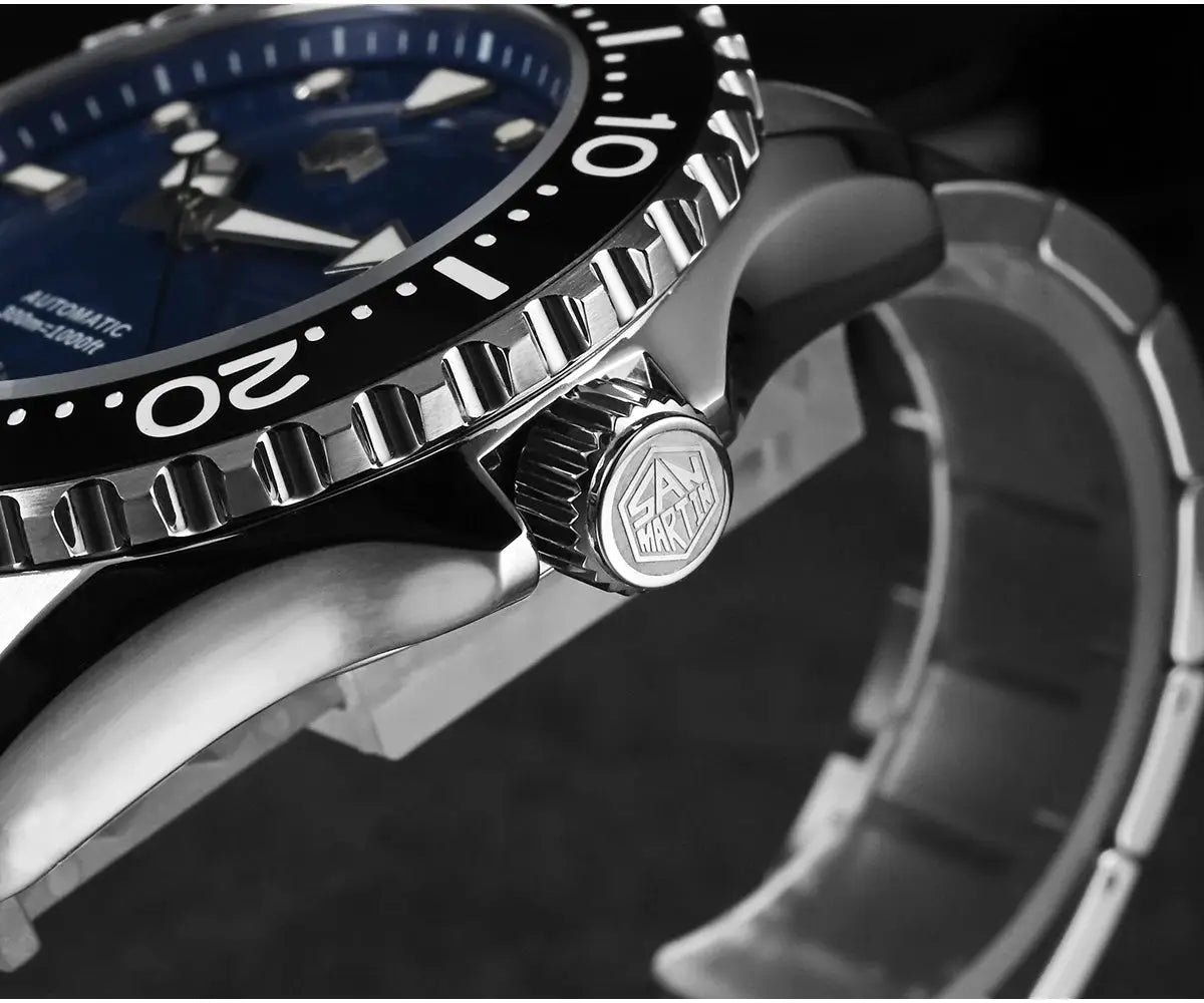 San Martin diver watch with blue dial, stainless steel case and bracelet, NH35 automatic