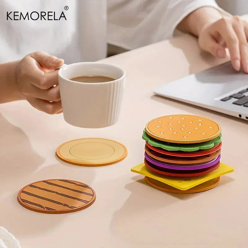 8 Pieces Burger Shape Coasters Set Silicone Cup Mats Insulation Pads Mug Holders for Kitchen Bar Decor