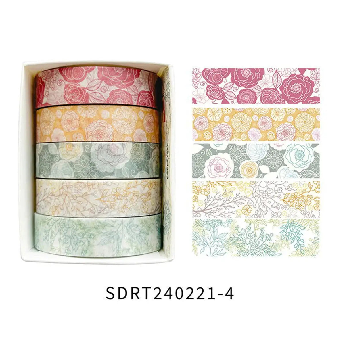Five-roll floral washi tape set by Simples Market in pastel colors, boxed gift packaging