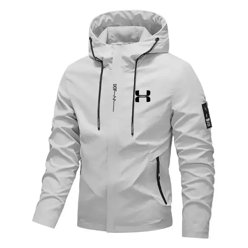 Men's hooded windbreaker jacket by Simples Market, light gray with black zippers