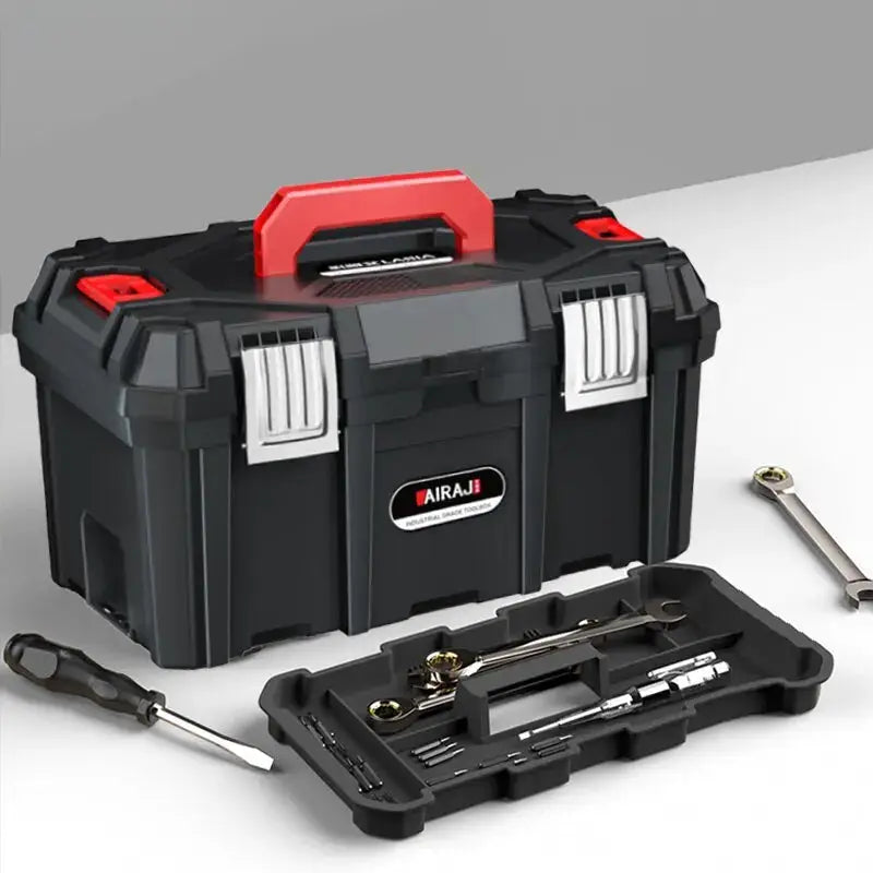 AIRAJ ABS tool storage box with red handle; portable black toolbox with metal latches and tool tray