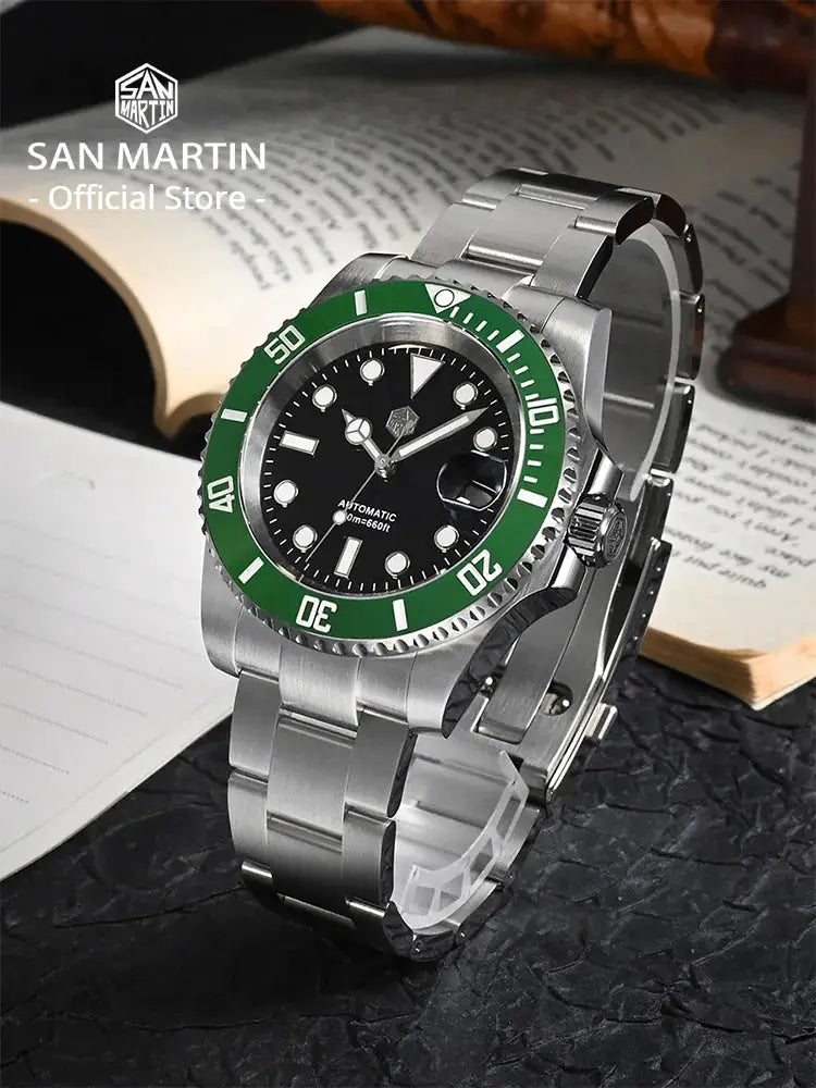 San Martin 40mm diver watch with green bezel, black dial, stainless steel bracelet