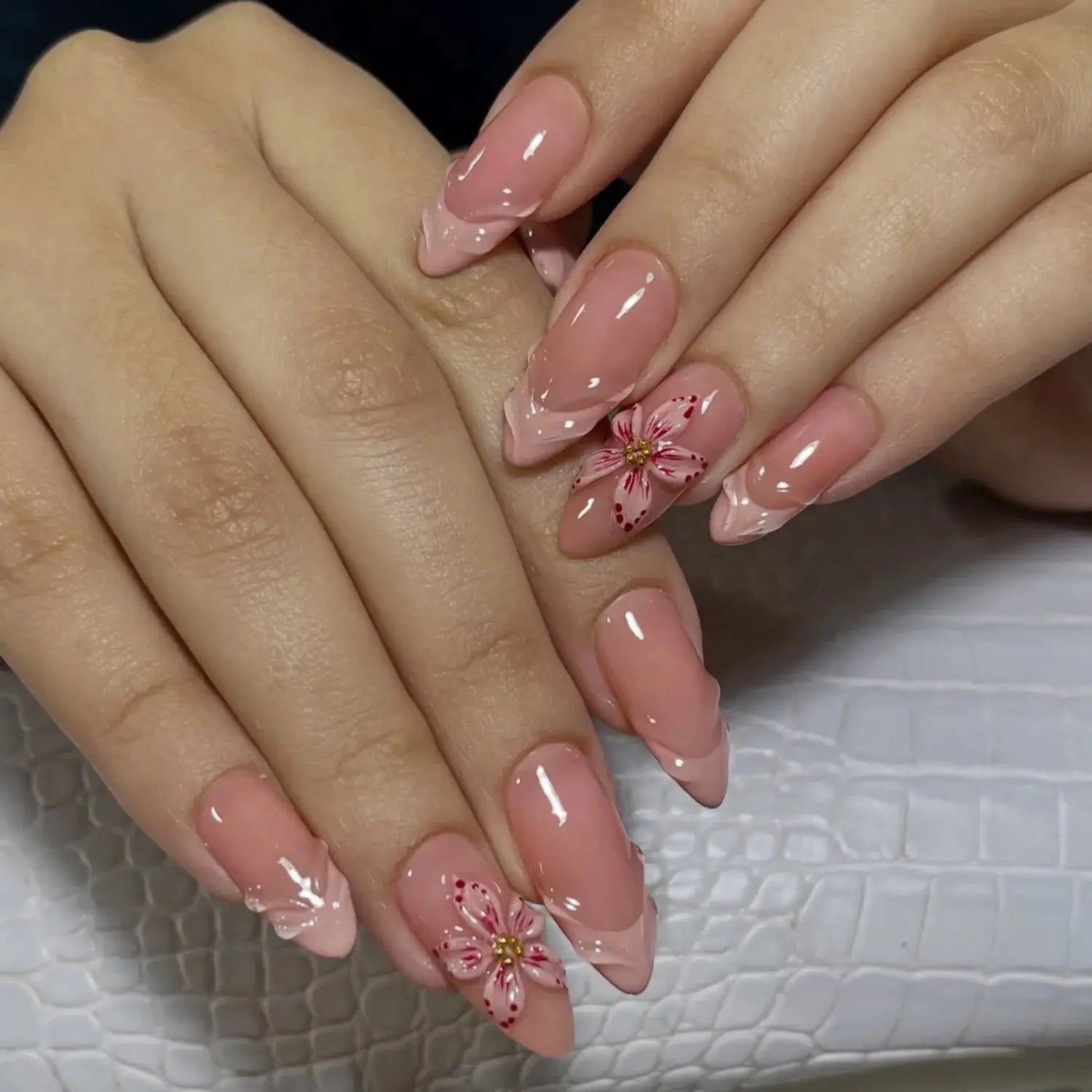 GlamNail Pink Almond Press On Nails Full Coverage Carved Flower 3D Ripple French Tips Golden Pearl Finish