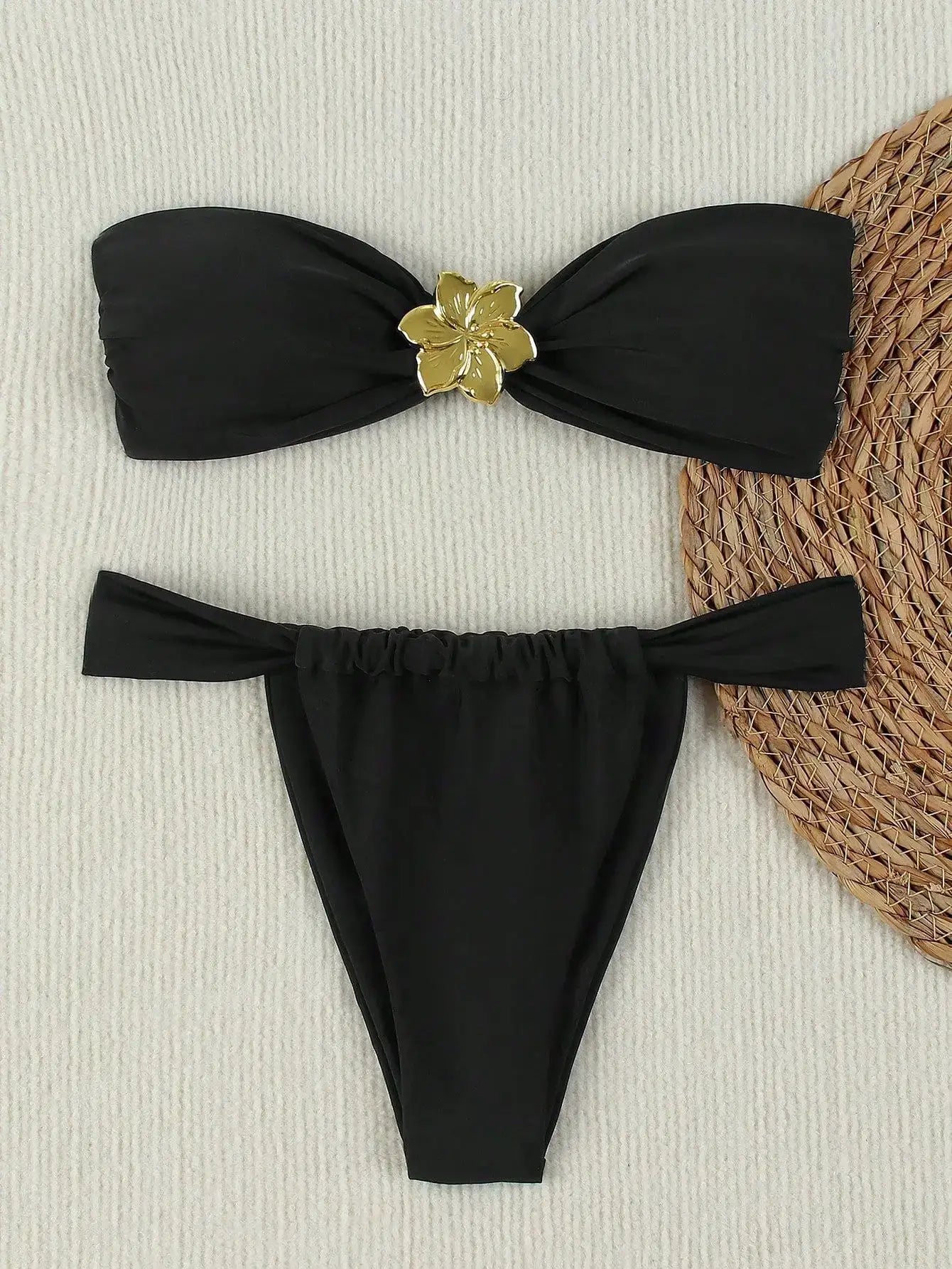 2026 Sexy Bandeau Push-Up Bikini Set by Simples Market, black two-piece with gold flower clasp