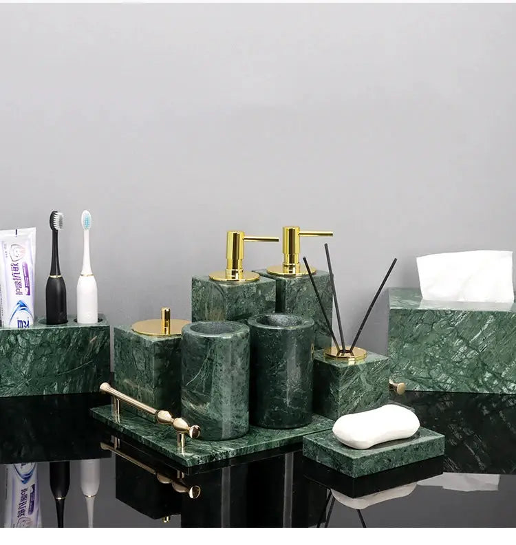 Green Indian marble bathroom accessories set with gold dispenser pumps, soap dish, toothbrush holder, tissue box, tray