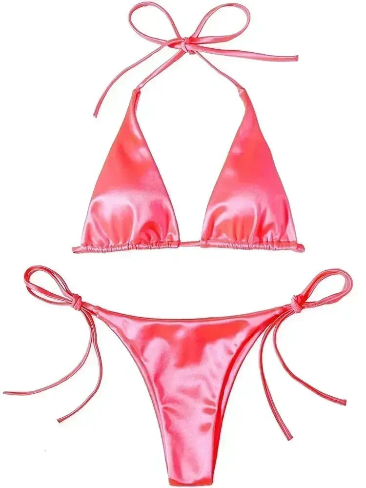 Two-piece pink metallic satin halter bikini with high-cut bottoms by Simples Market