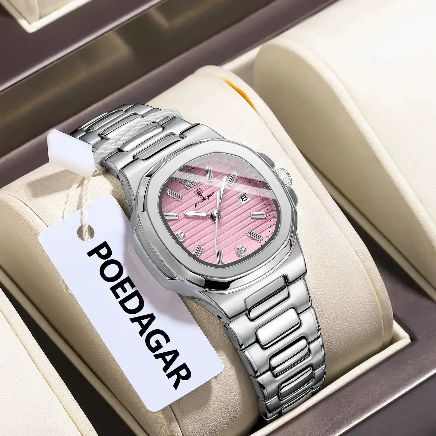 POEDAGAR square fashion women's wristwatch with pink dial, stainless steel bracelet and date window