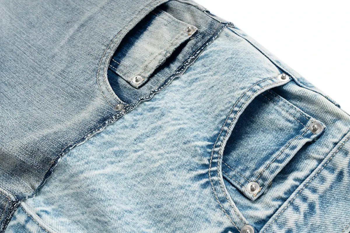 CUT-UP double-layer patchwork denim jeans, light blue baggy straight-fit with riveted pockets