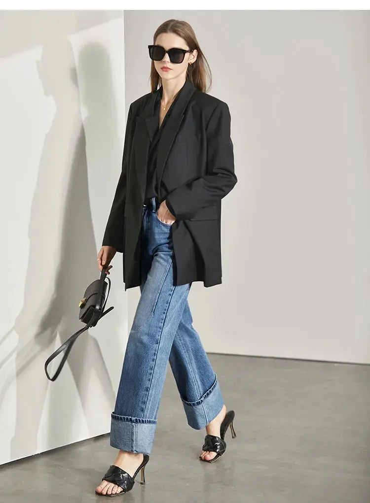 Amii Minimalism Vintage Denim Jeans Women Loose Wide Leg Autumn Pants