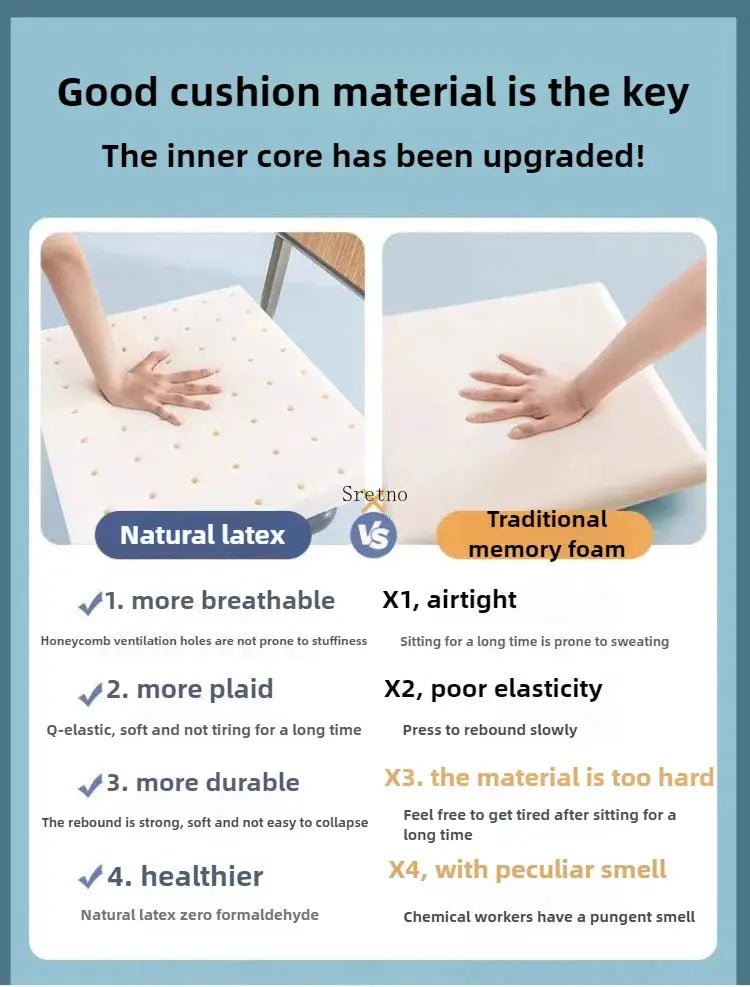 Simples Market natural latex cushion 50x50 cm for classroom stools; infographic comparing latex to memory foam.