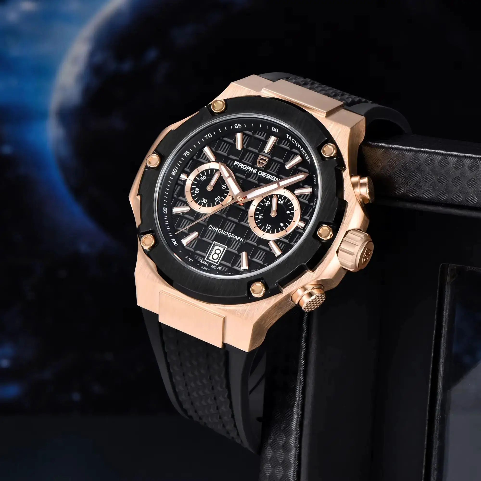 Pagani Design men's watch with rose-gold case, black textured dial, chronograph subdials and fluororubber strap