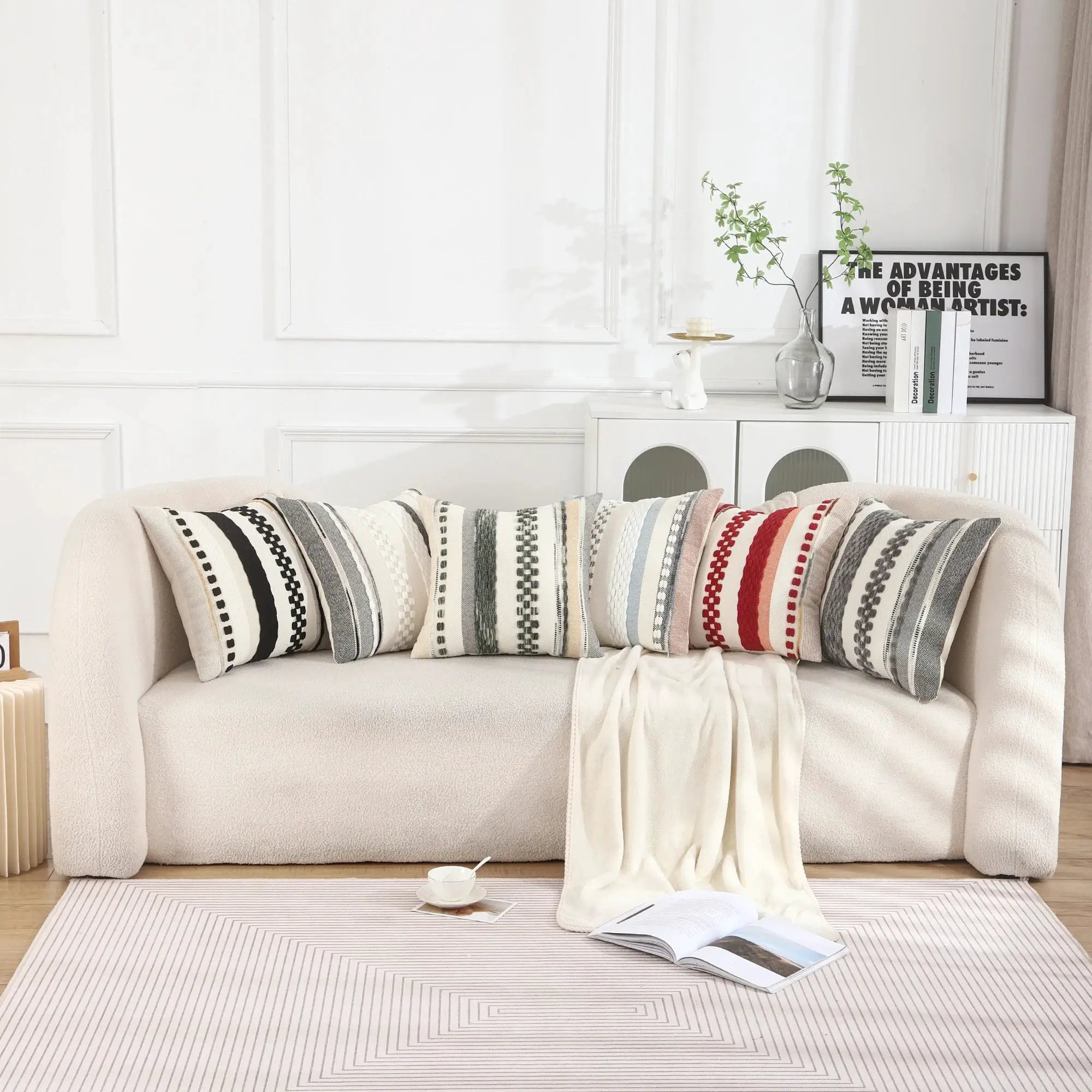 Boho striped chenille pillow covers 18x18 inches, decorative cushion covers in multicolor stripes, 5-pack on sofa