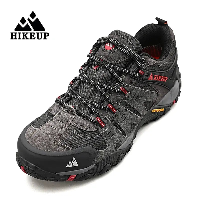 HIKEUP men's hiking shoes in gray suede leather with rugged outdoor trekking outsole and red accents