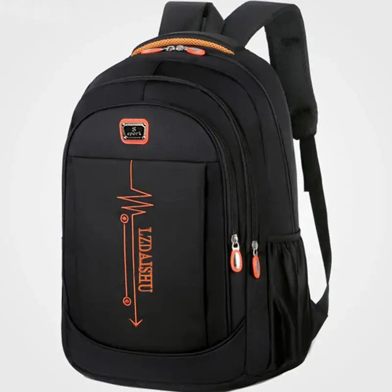 Business casual backpack for men, black with orange zipper pulls, large capacity with multiple compartments