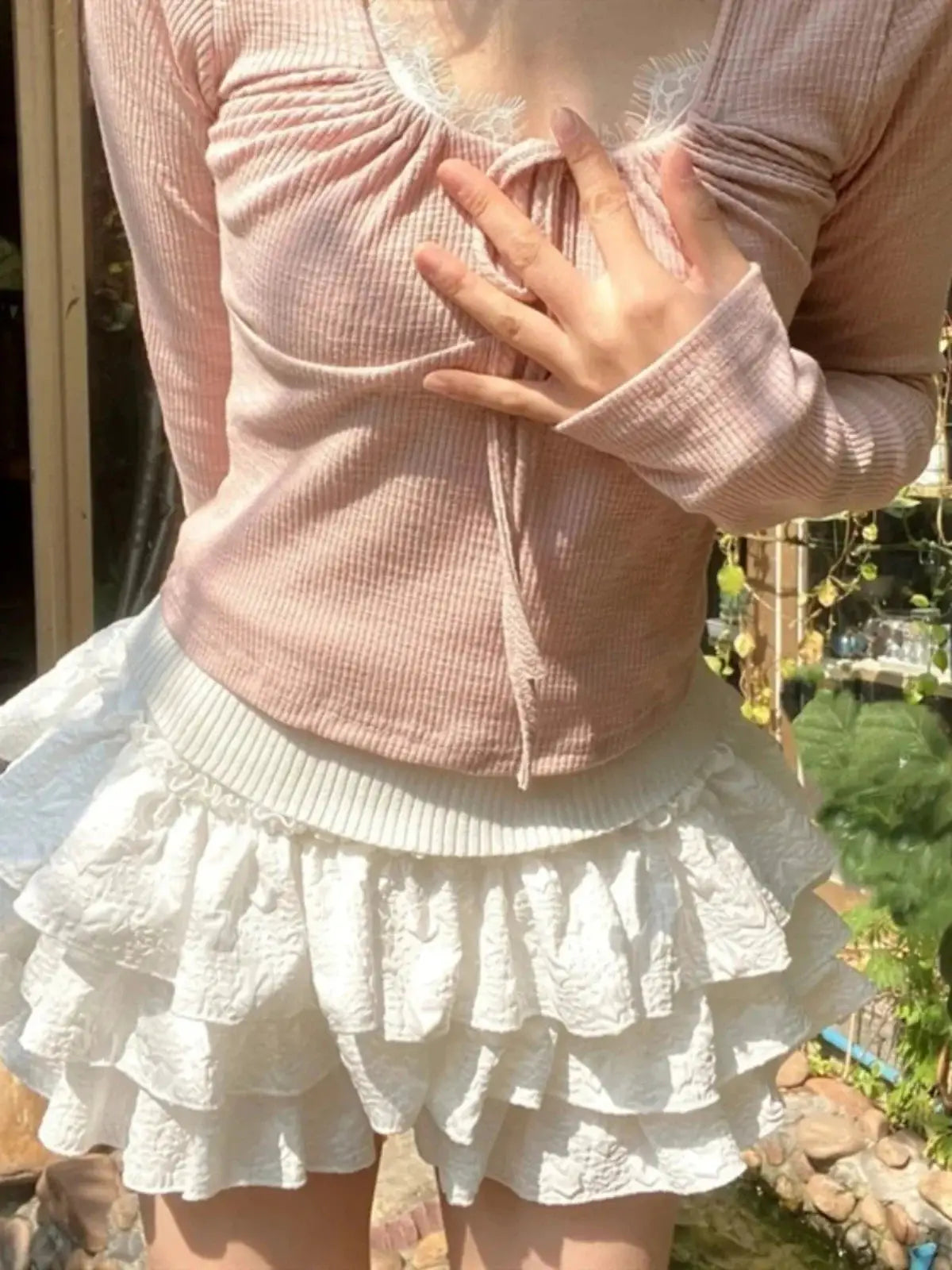 Kawaii Ball Gown white layered ruffle mini skirt with high-waist, Lolita style