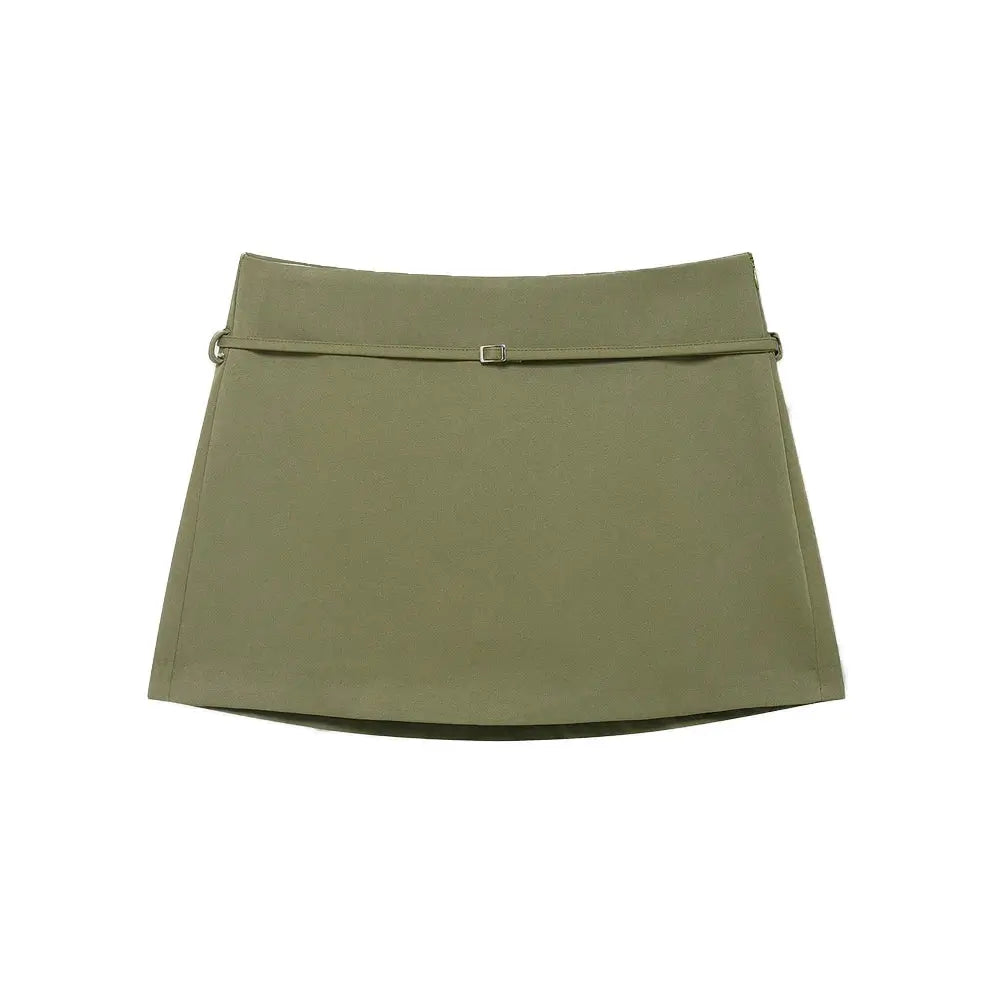 Women's olive-green solid-color skort with belt and side zipper