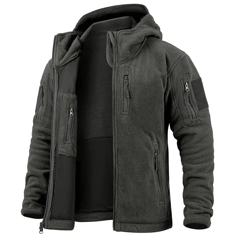 Men's hunting fleece jacket, dark gray full-zip with hood and multiple zip pockets