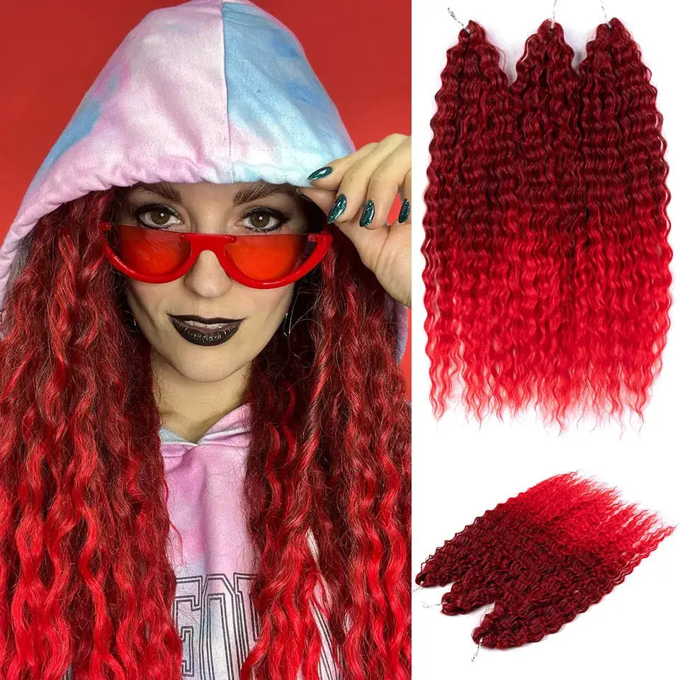 Ariel Hair synthetic twist crochet curls, 24in water-wave braiding extensions in red ombre; five-pack display.