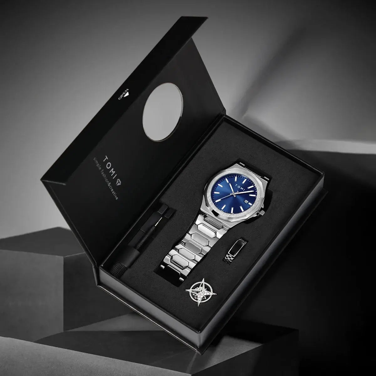 TOMI Luxury Mens Quartz Watch Gift Box Set Rose Gold Case Minimalist Numberless Dial With Calendar Feature