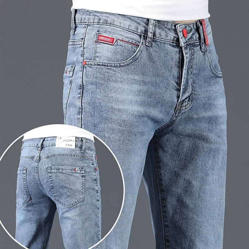 Mens Cotton Business Skinny Jeans Stretch Denim Blue Grey Trousers