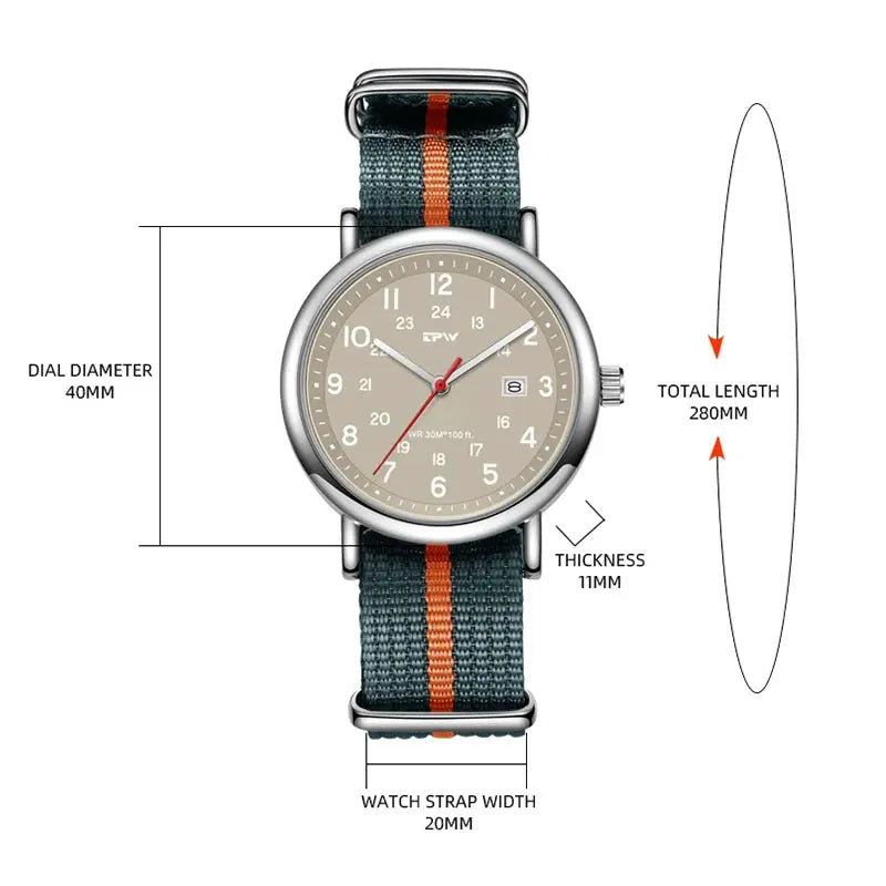 Simples Market TPW Field Watch with beige dial and green striped fabric strap