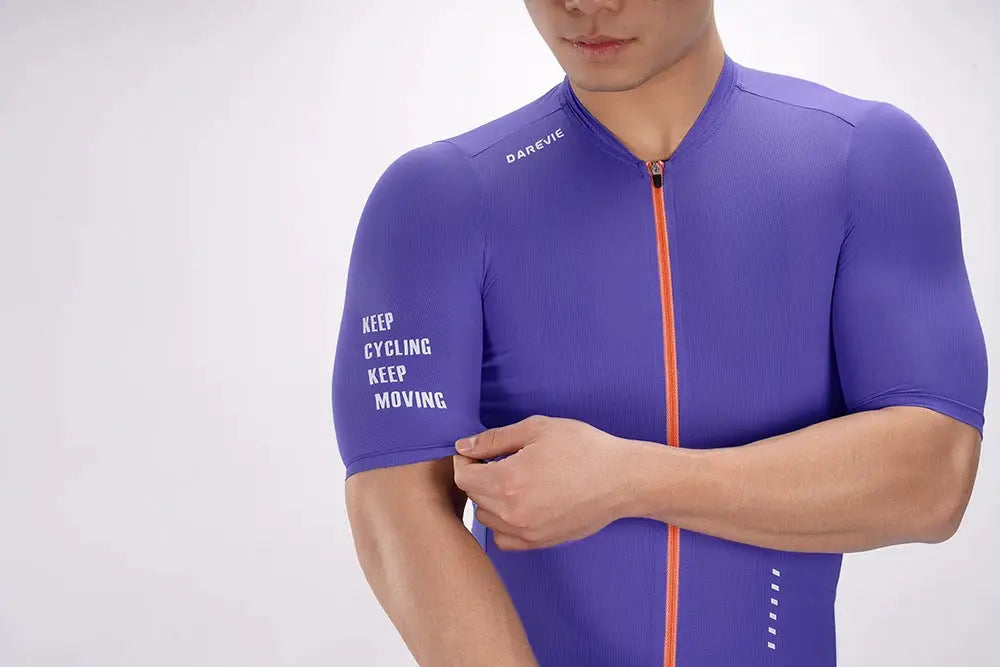 DAREVIE men's cycling jersey, purple with orange zipper, breathable quick-dry fabric