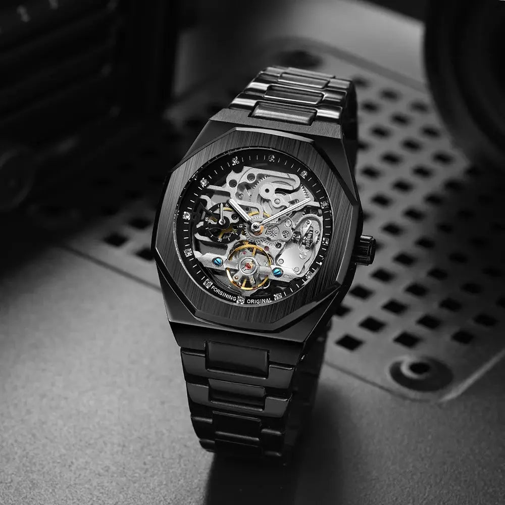 Forsining men's skeleton automatic watch with black stainless steel case and bracelet, visible gears and luminous hands
