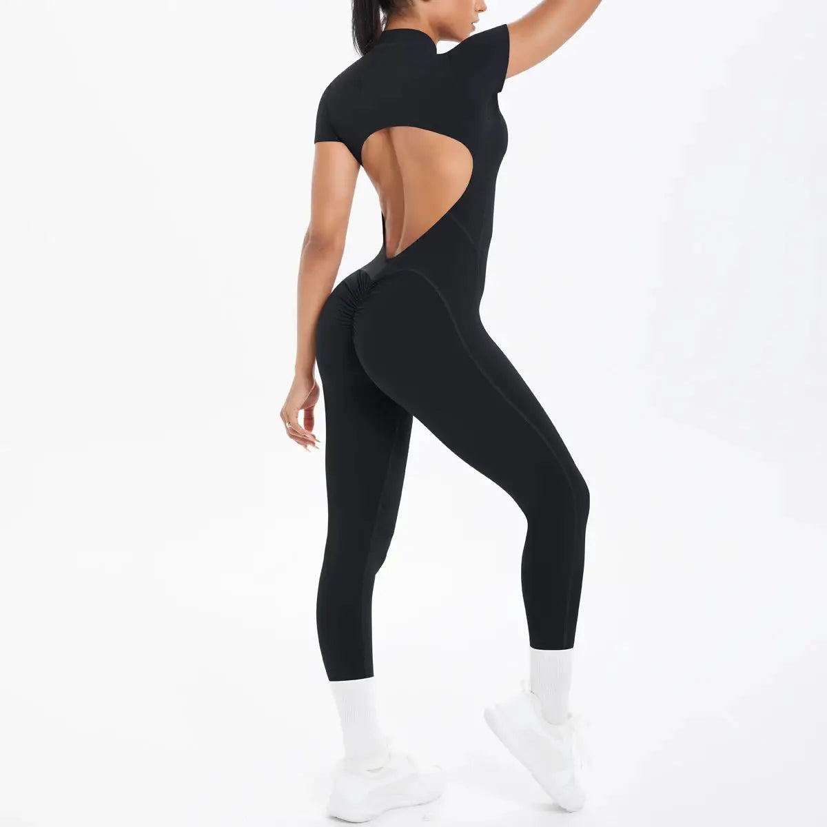 Sexy backless bodycon scrunch jumpsuit in black for women dance fitness wear