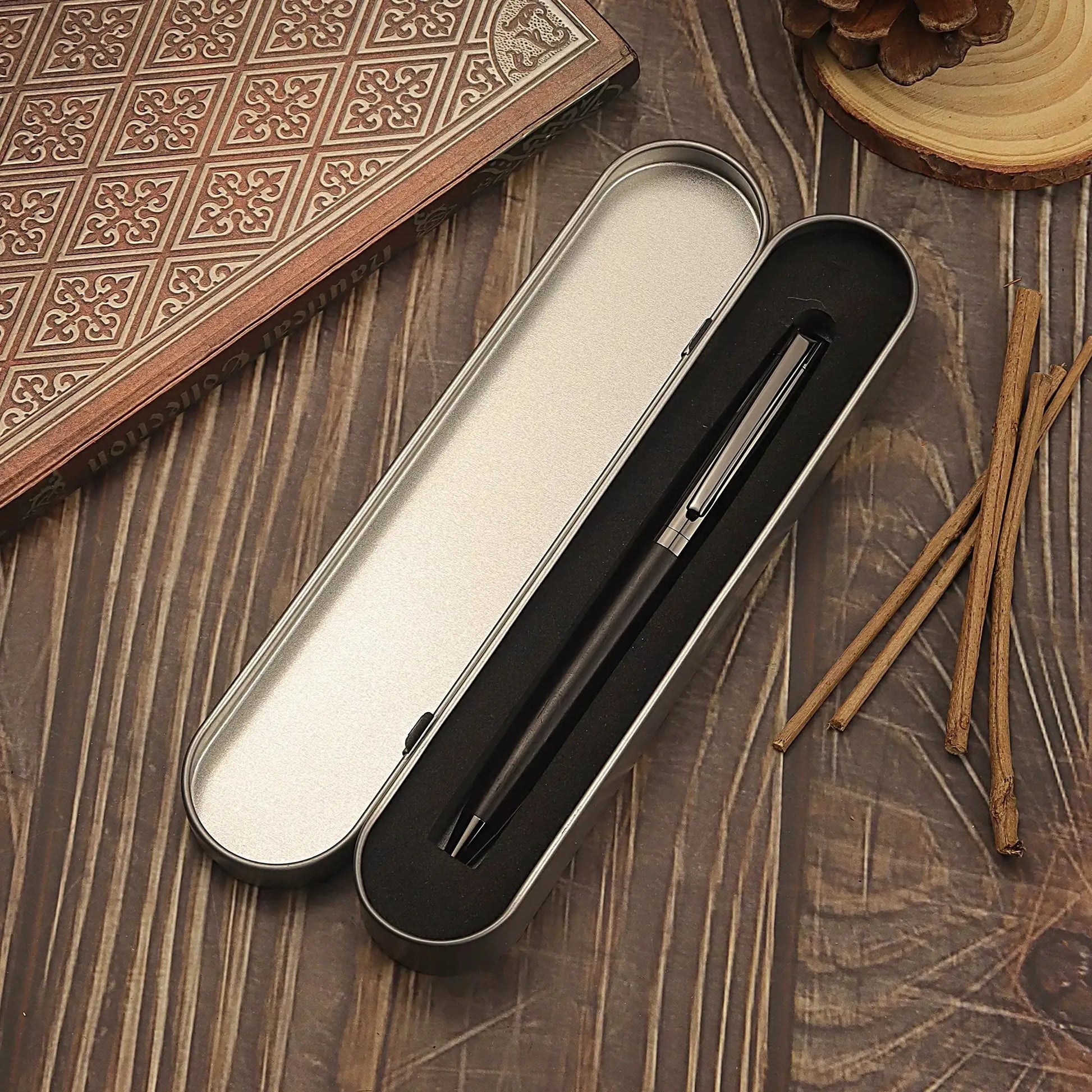 1 Set Premium Metal Ballpoint Pen with Wood Barrel in Simples Market tin case, black ink