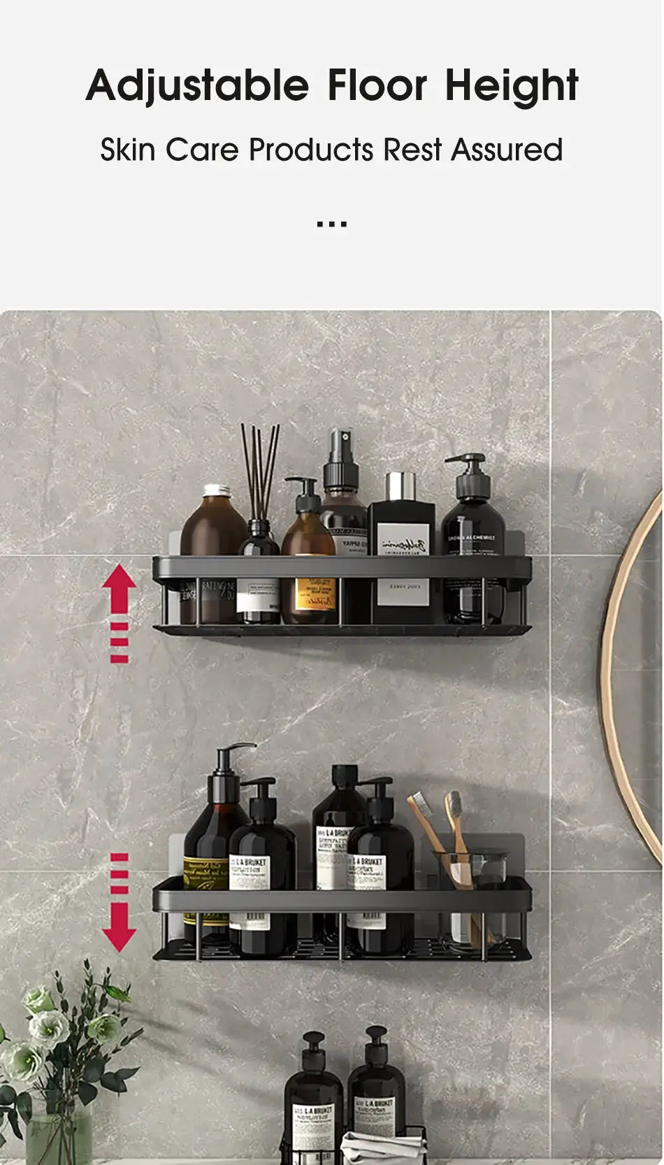 Two black metal wall-mounted corner bathroom shelves filled with bottles and toiletries.