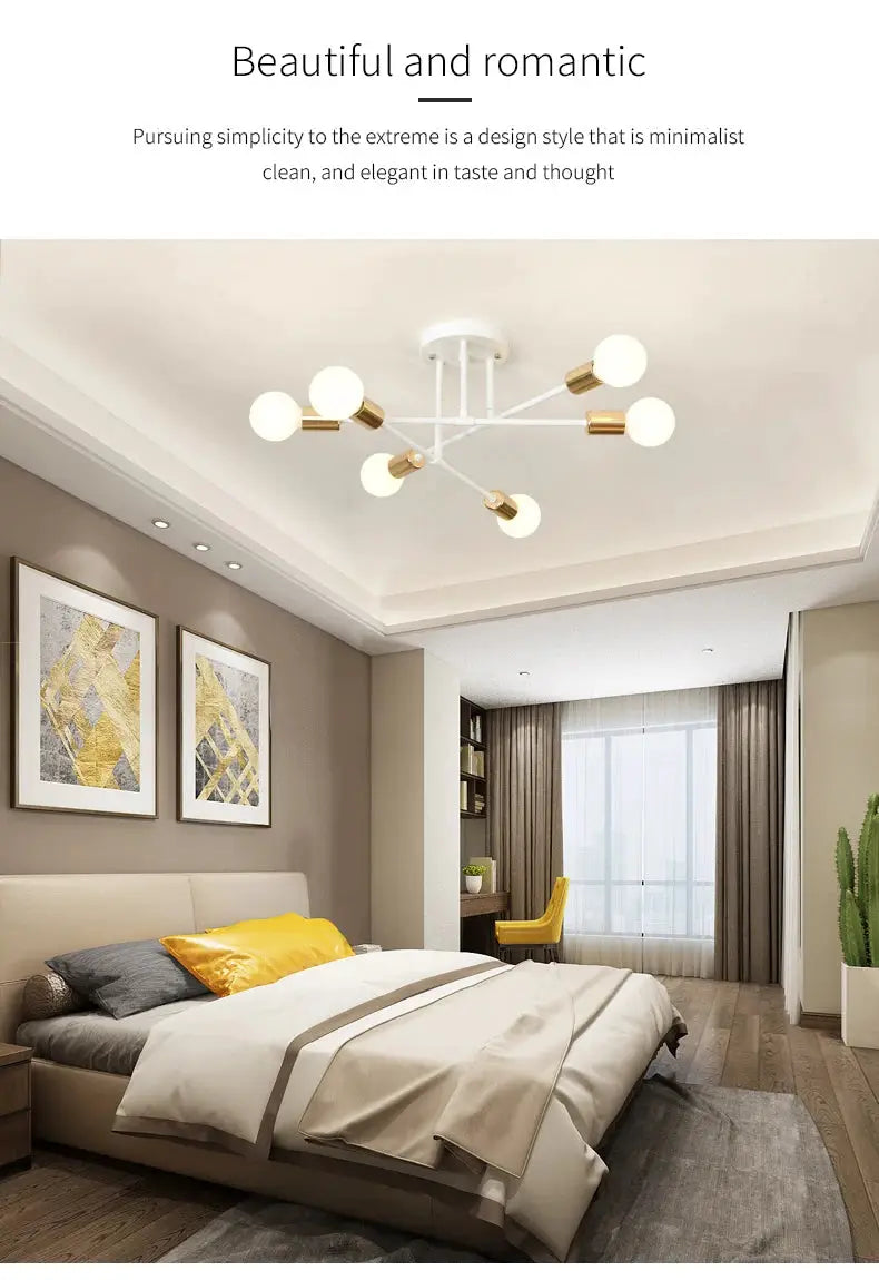 Retro Industrial 6-Head LED ceiling lamp by Simples Market, white wrought-iron with brass accents, in a modern bedroom