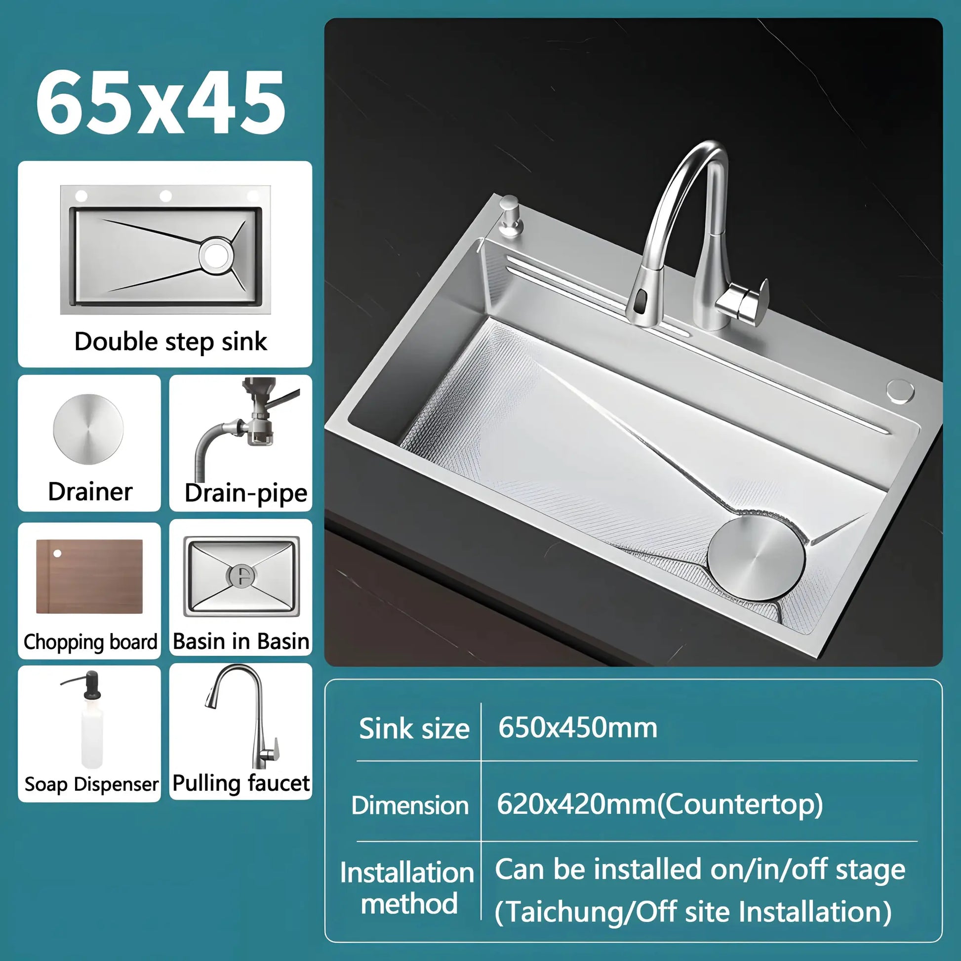 Kitchen sink by Simples Market, 304 stainless steel, silver embossed, large single-slot 65x45