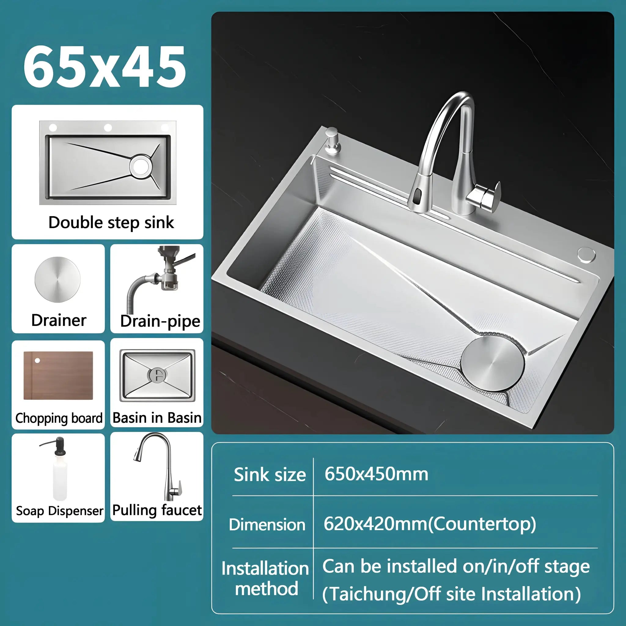 Kitchen sink by Simples Market, 304 stainless steel, silver embossed, large single-slot 65x45