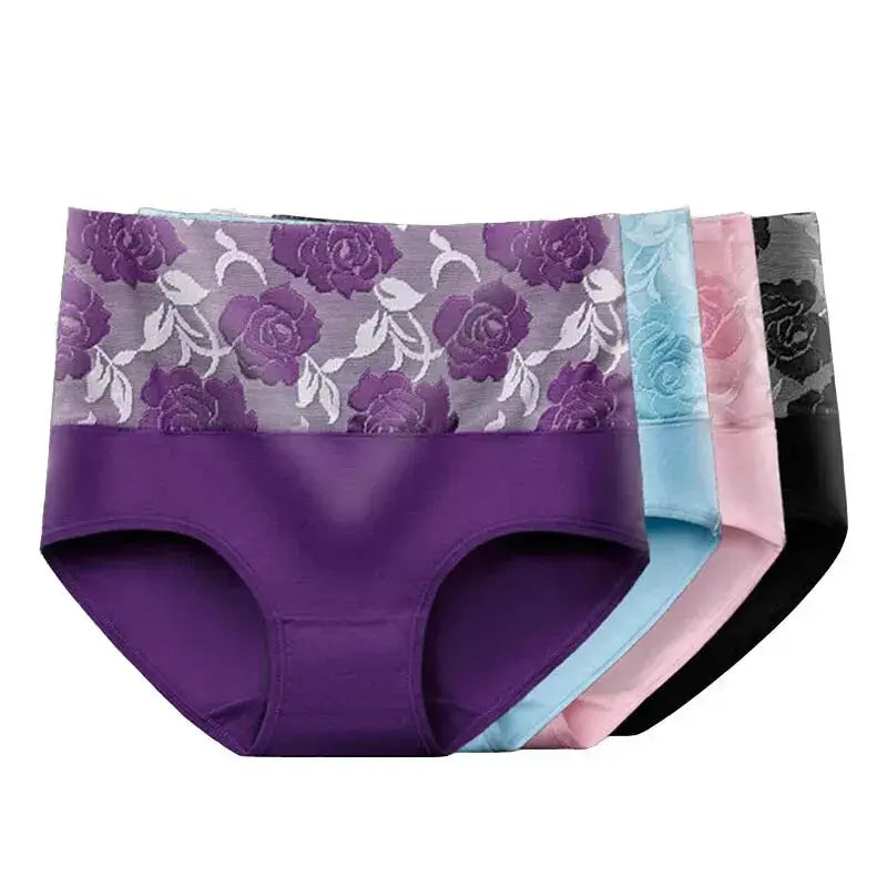 Five-pack high-waist cotton panties with floral-patterned waistband in purple, blue, pink and black