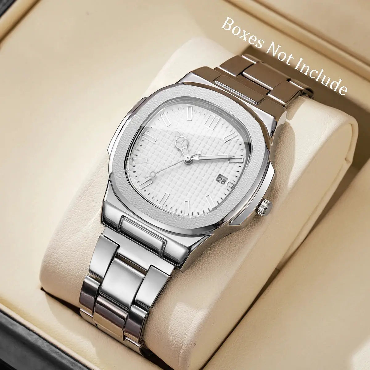 AuroraTime Luxury Square Dial Mens Business Watch Stainless Steel Strap Quartz Movement Calendar
