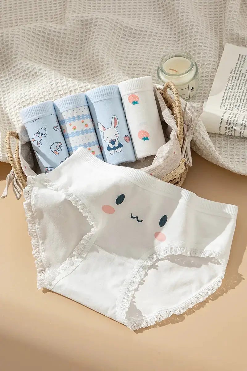 5-piece cotton women's panties set in white and pastel blue with bunny prints; breathable, soft underpants.