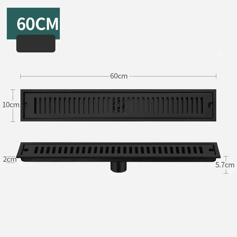 Simples Market long rectangular bathroom floor drain, 60cm, black finish, stainless steel 304, anti-odor large capacity